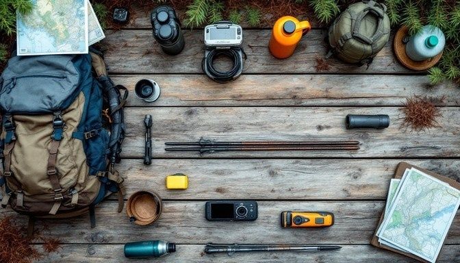 Draufsicht auf Rucksack, Karten und Ausrüstung für eine Herbstwanderung